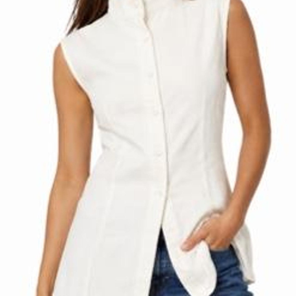 UOOZEE Women's Round Neck Button Down Split Hem Sleeveless Linen Blouse